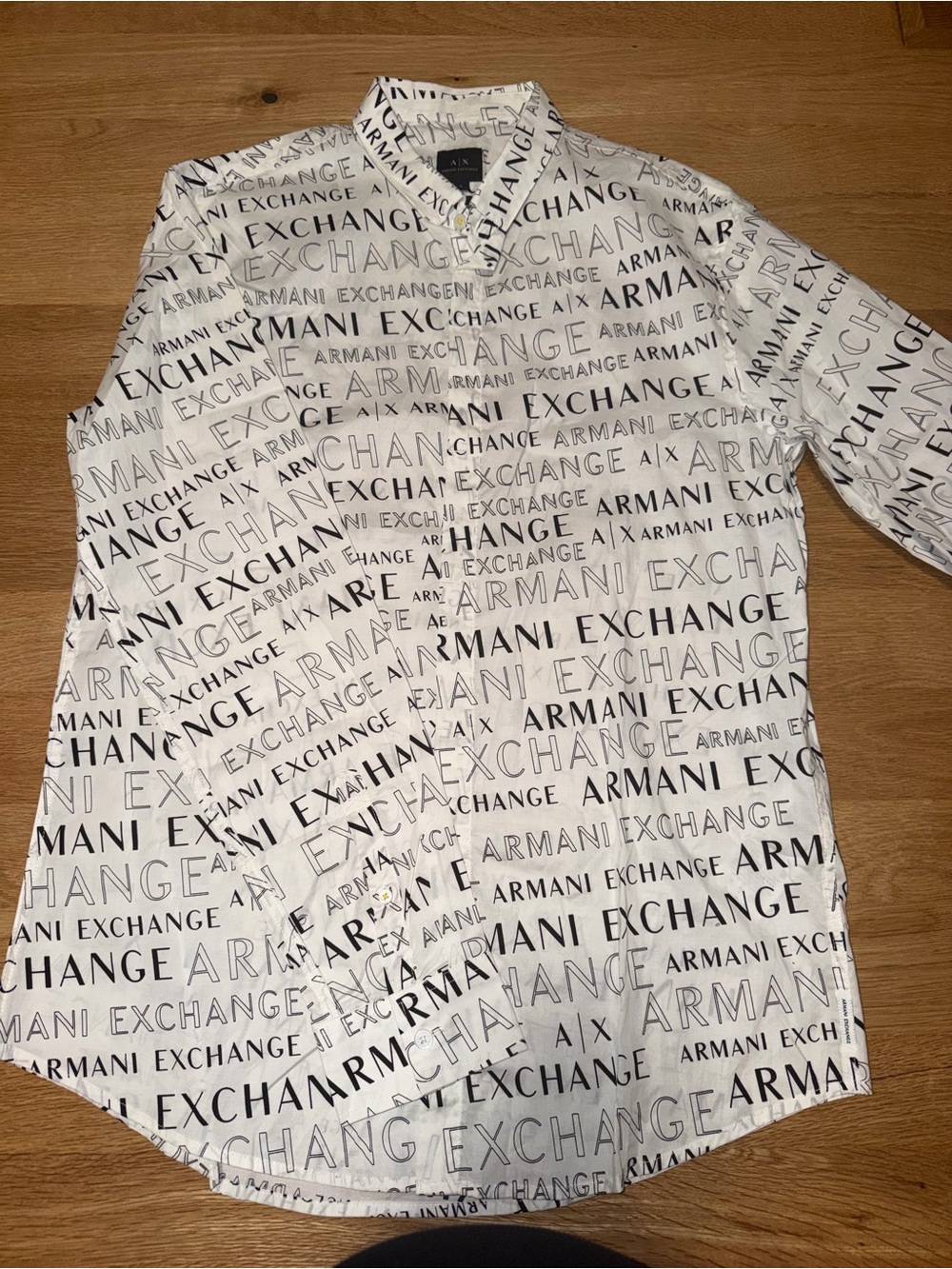 Armani Exchange White Button-Down Shirt with Black Logo Print